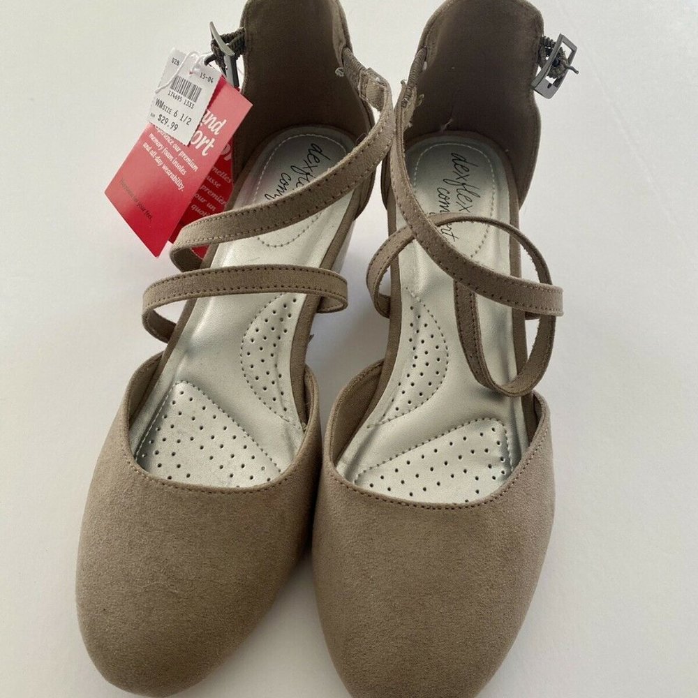 NWT Women’s Dexflex Comfort Size 6-1/2 Tan Wrap Around Closed Toed Heeled Shoes